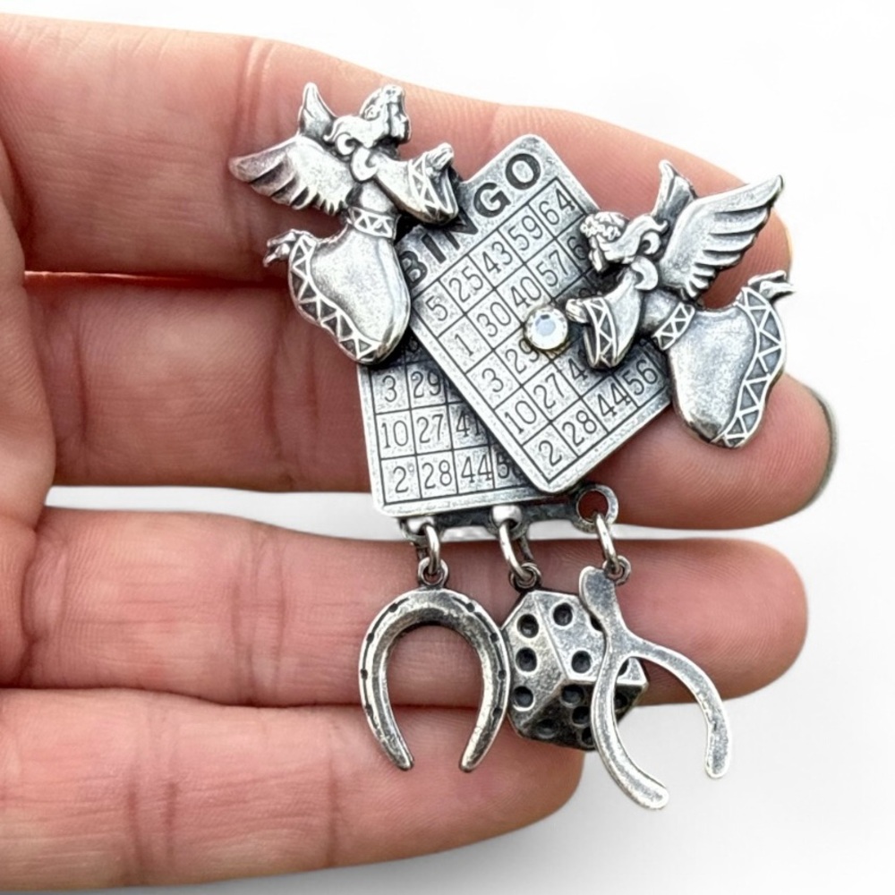 Vintage Silver-Tone Lucky Angel Bingo Brooch w/ Dangling Lucky Charms